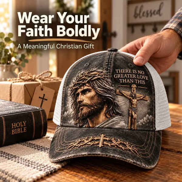 ✝️There Is No Greater Love Christian Jesus Hat – Vintage Crown of Thorns & Cross Faith Trucker Cap