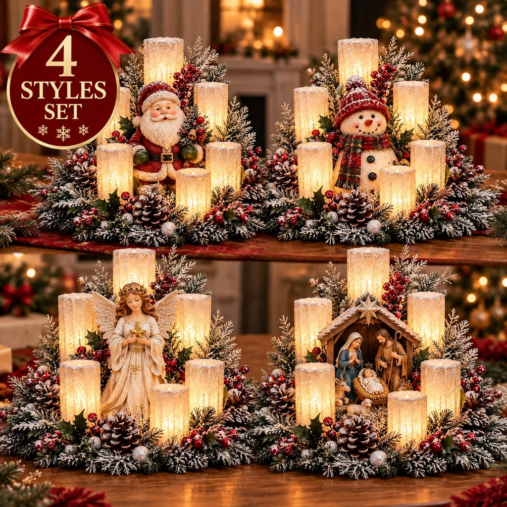 Beleuchtetes Weihnachtsgesteck mit dem Schein einer flammenlosen Kerze