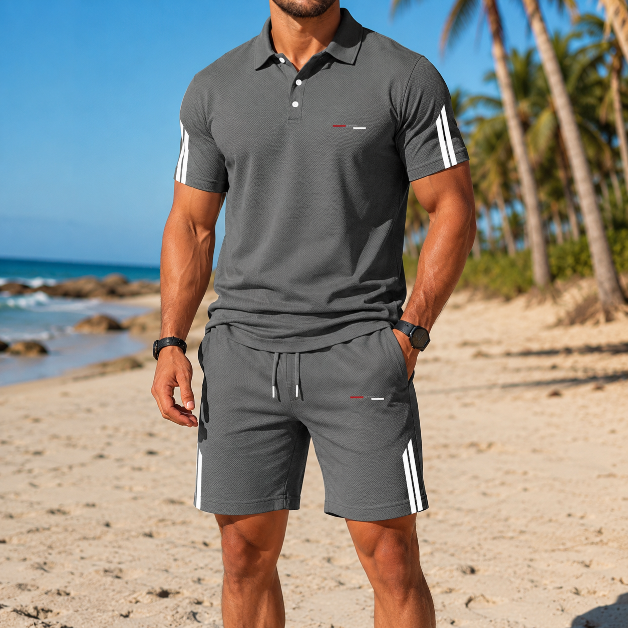 ⏰ Last day: 50% off! 🔥—Men's athletic summer set with a polo shirt and shorts
