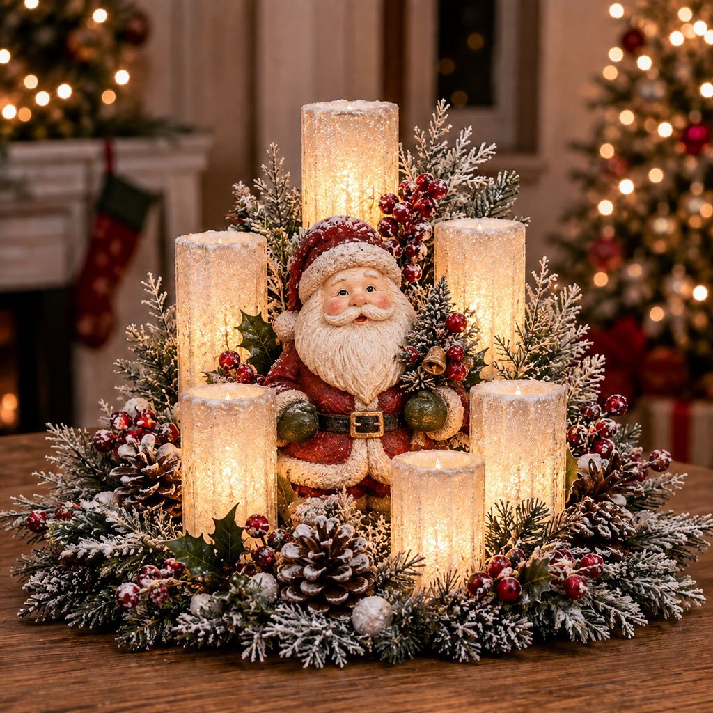 Beleuchtetes Weihnachtsgesteck mit dem Schein einer flammenlosen Kerze