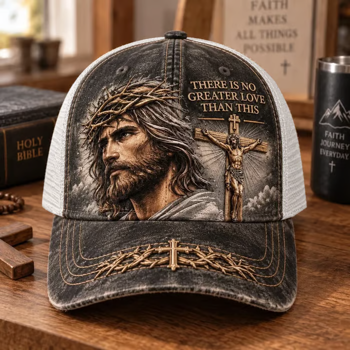 ✝️There Is No Greater Love Christian Jesus Hat – Vintage Crown of Thorns & Cross Faith Trucker Cap