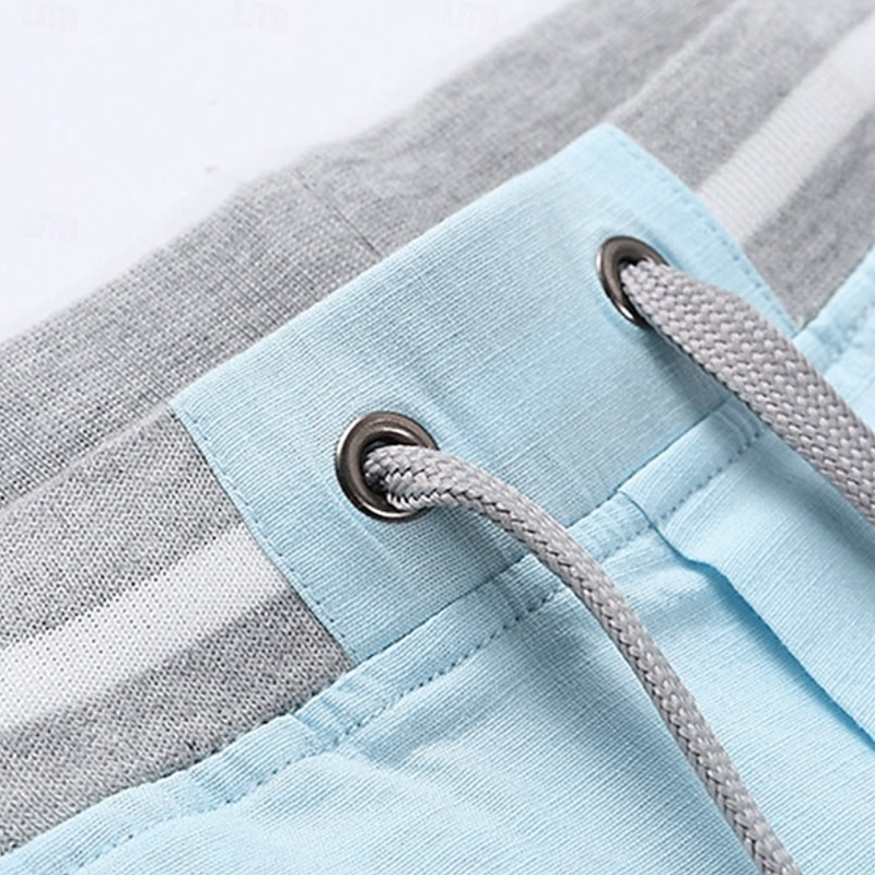 Men Striped Elastic Waist Drawstring Linen Blend Casual Beach Shorts With Stripe Pocket Trim