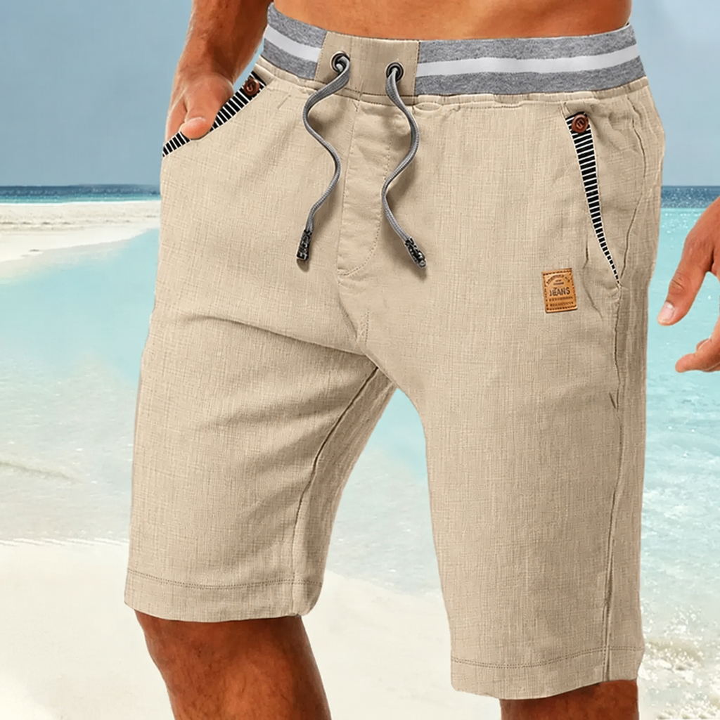 Men Striped Elastic Waist Drawstring Linen Blend Casual Beach Shorts With Stripe Pocket Trim
