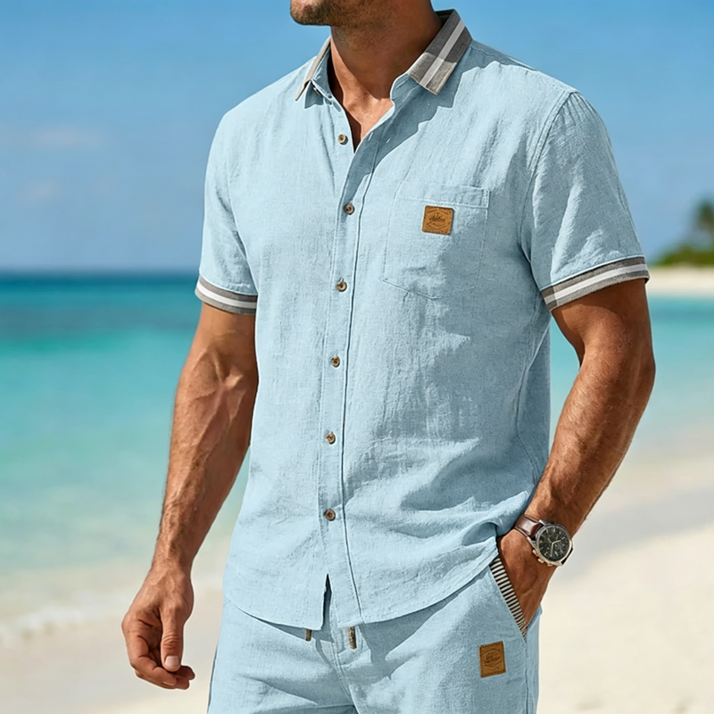 Men’s Lightweight Linen Blend Contrast Trim Short Sleeve Shirt