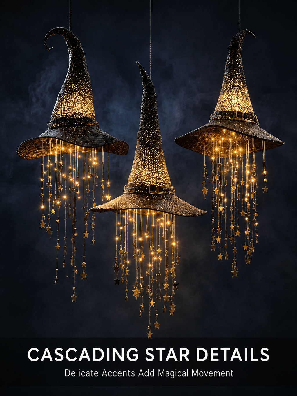 3 Pack Lighted Hanging Witch Hat Star Garland Halloween Decor