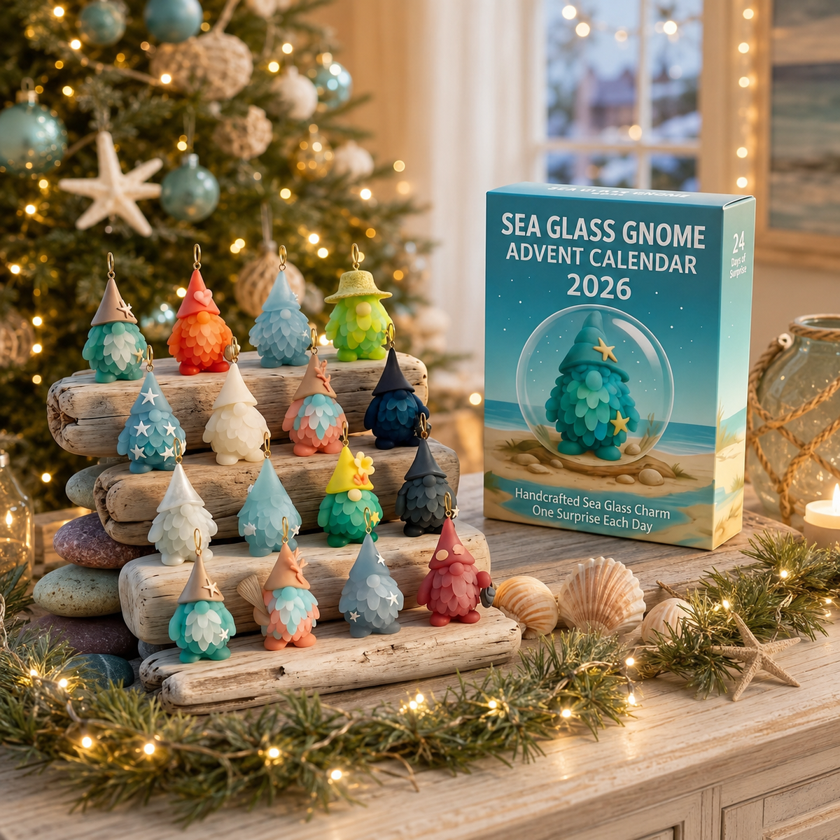 🌊🧝‍♂️ 2026 Coastal Gnome Advent Calendar – 24 Sea Glass Christmas Charms 🎄✨(2D Plane)