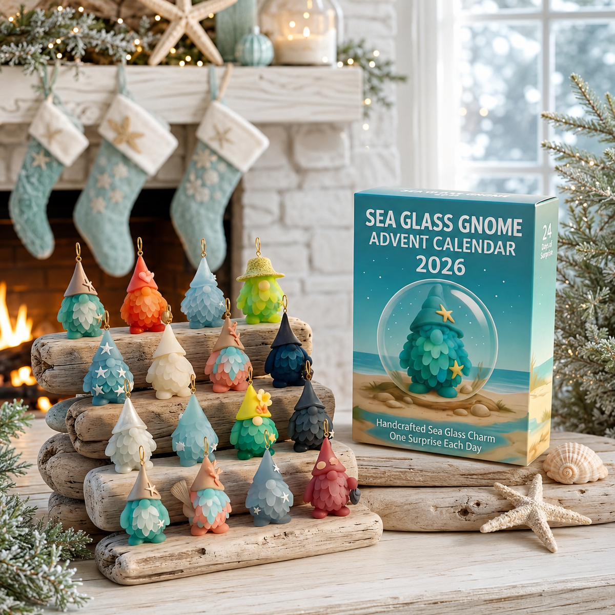 🌊🧝‍♂️ 2026 Coastal Gnome Advent Calendar – 24 Sea Glass Christmas Charms 🎄✨(2D Plane)