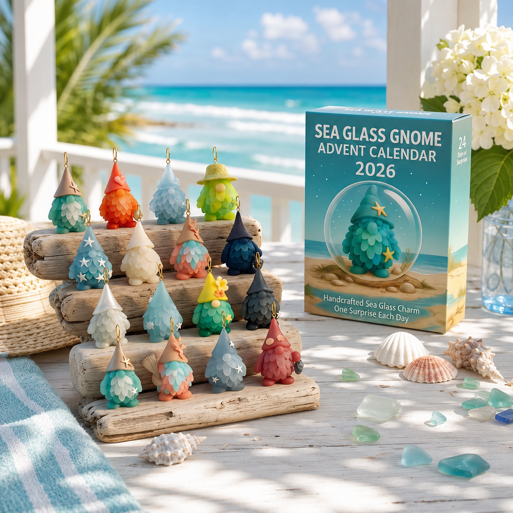 🌊🧝‍♂️ 2026 Coastal Gnome Advent Calendar – 24 Sea Glass Christmas Charms 🎄✨(2D Plane)