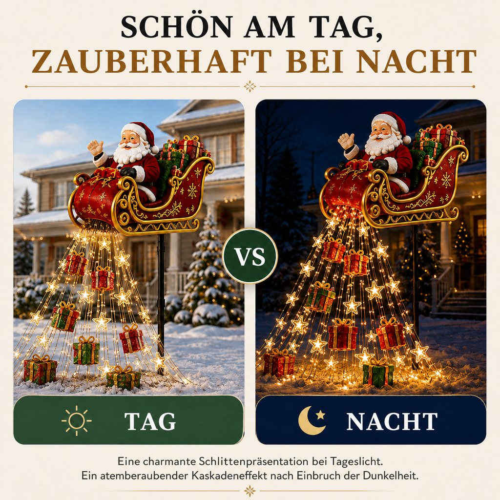 🎅✨ Neu für 2026: Geschenk-Kaskade mit dem fliegenden Schlitten des Weihnachtsmanns – Solar-Weihnachtsbeleuchtung für den Garten