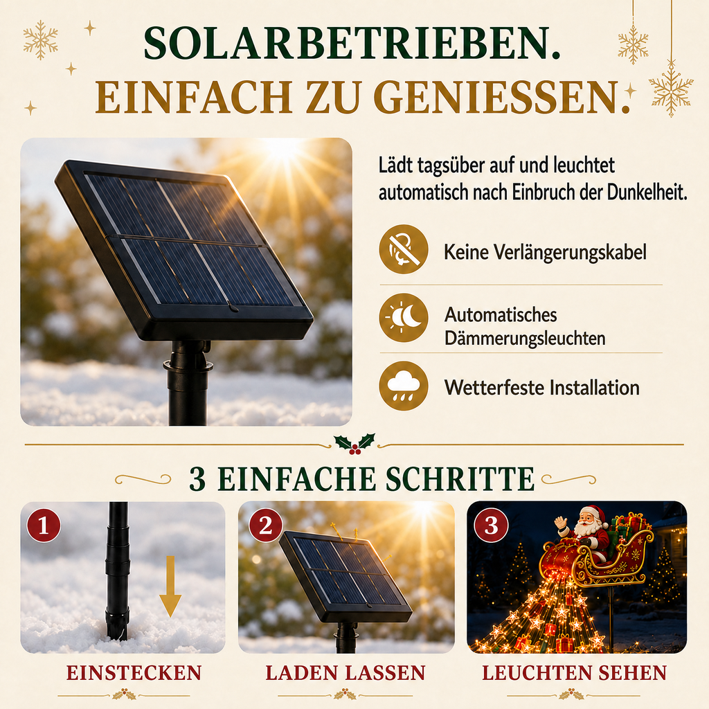🎅✨ Neu für 2026: Geschenk-Kaskade mit dem fliegenden Schlitten des Weihnachtsmanns – Solar-Weihnachtsbeleuchtung für den Garten