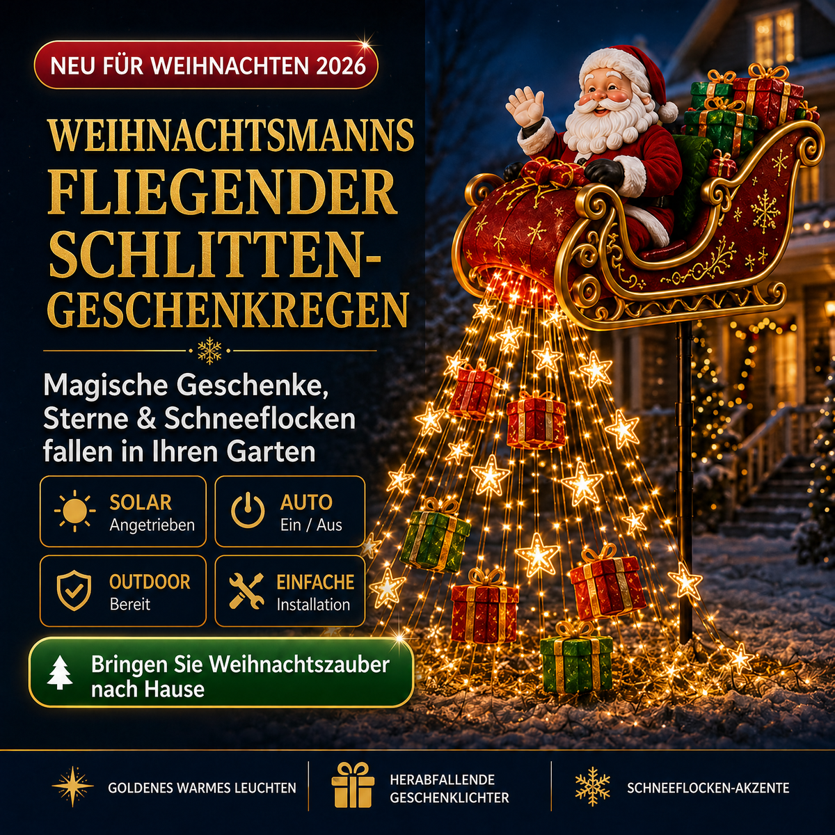 🎅✨ Neu für 2026: Geschenk-Kaskade mit dem fliegenden Schlitten des Weihnachtsmanns – Solar-Weihnachtsbeleuchtung für den Garten