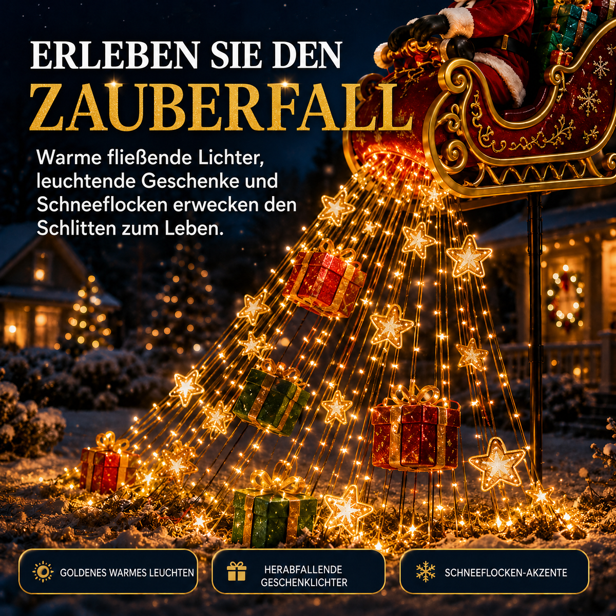 🎅✨ Neu für 2026: Geschenk-Kaskade mit dem fliegenden Schlitten des Weihnachtsmanns – Solar-Weihnachtsbeleuchtung für den Garten