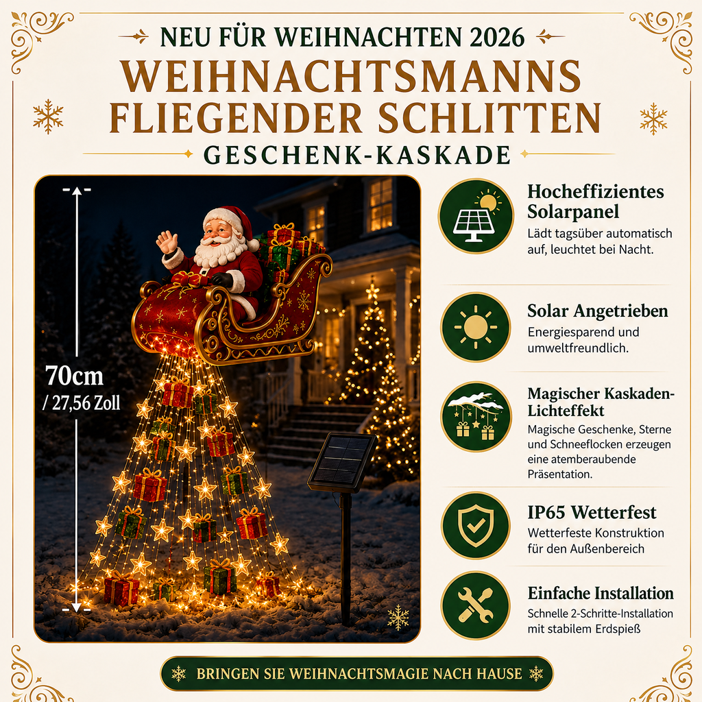 🎅✨ Neu für 2026: Geschenk-Kaskade mit dem fliegenden Schlitten des Weihnachtsmanns – Solar-Weihnachtsbeleuchtung für den Garten