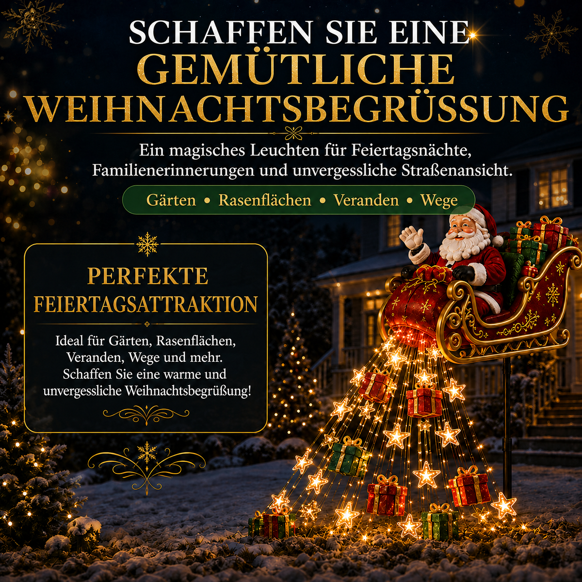 🎅✨ Neu für 2026: Geschenk-Kaskade mit dem fliegenden Schlitten des Weihnachtsmanns – Solar-Weihnachtsbeleuchtung für den Garten