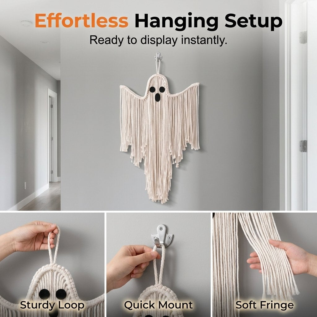 Handcrafted Woven Halloween Ghost Wall Decor - Cute Boho Hanging Ghost Decoration for Front Door, Porch & Indoor Home - Rustic Farmhouse Fall & Spooky Season Party Ornament