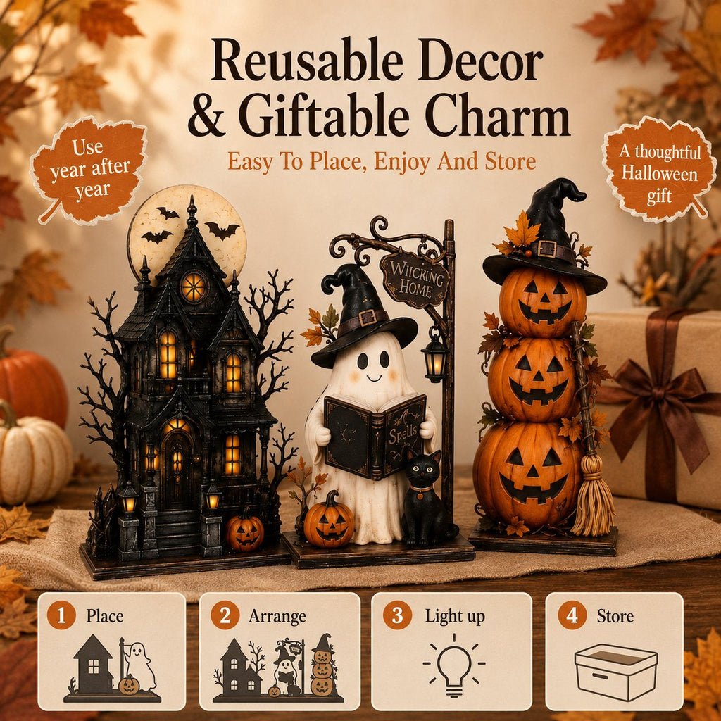 🔥Letzter Tag 49% Rabatt - 🧙🖤Beleuchtete Halloween Geisterhaus- & Figurenkollektion