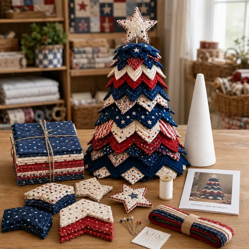 🔥Today's Limited-Time 49% OFF: 🦅Americana Christmas Tree Quilt Kit | All-in-One Christmas Quilting Craft Kit🧵