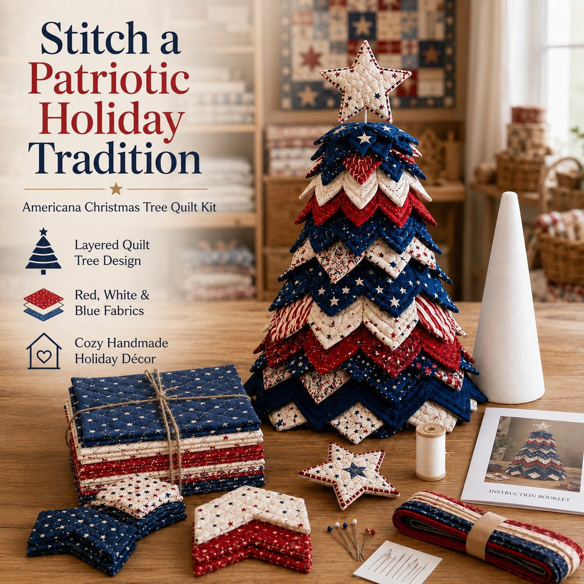 🔥Today's Limited-Time 49% OFF: 🦅Americana Christmas Tree Quilt Kit | All-in-One Christmas Quilting Craft Kit🧵