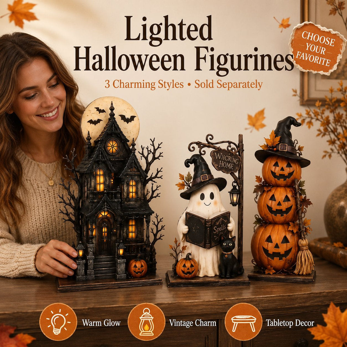 🔥Letzter Tag 49% Rabatt - 🧙🖤Beleuchtete Halloween Geisterhaus- & Figurenkollektion