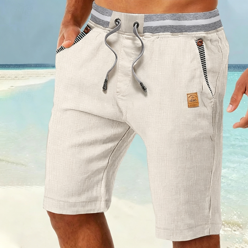 Men Striped Elastic Waist Drawstring Linen Blend Casual Beach Shorts With Stripe Pocket Trim