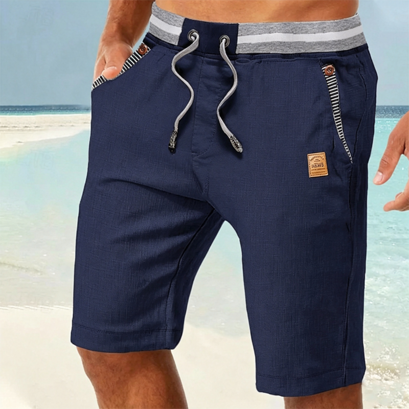 Men Striped Elastic Waist Drawstring Linen Blend Casual Beach Shorts With Stripe Pocket Trim