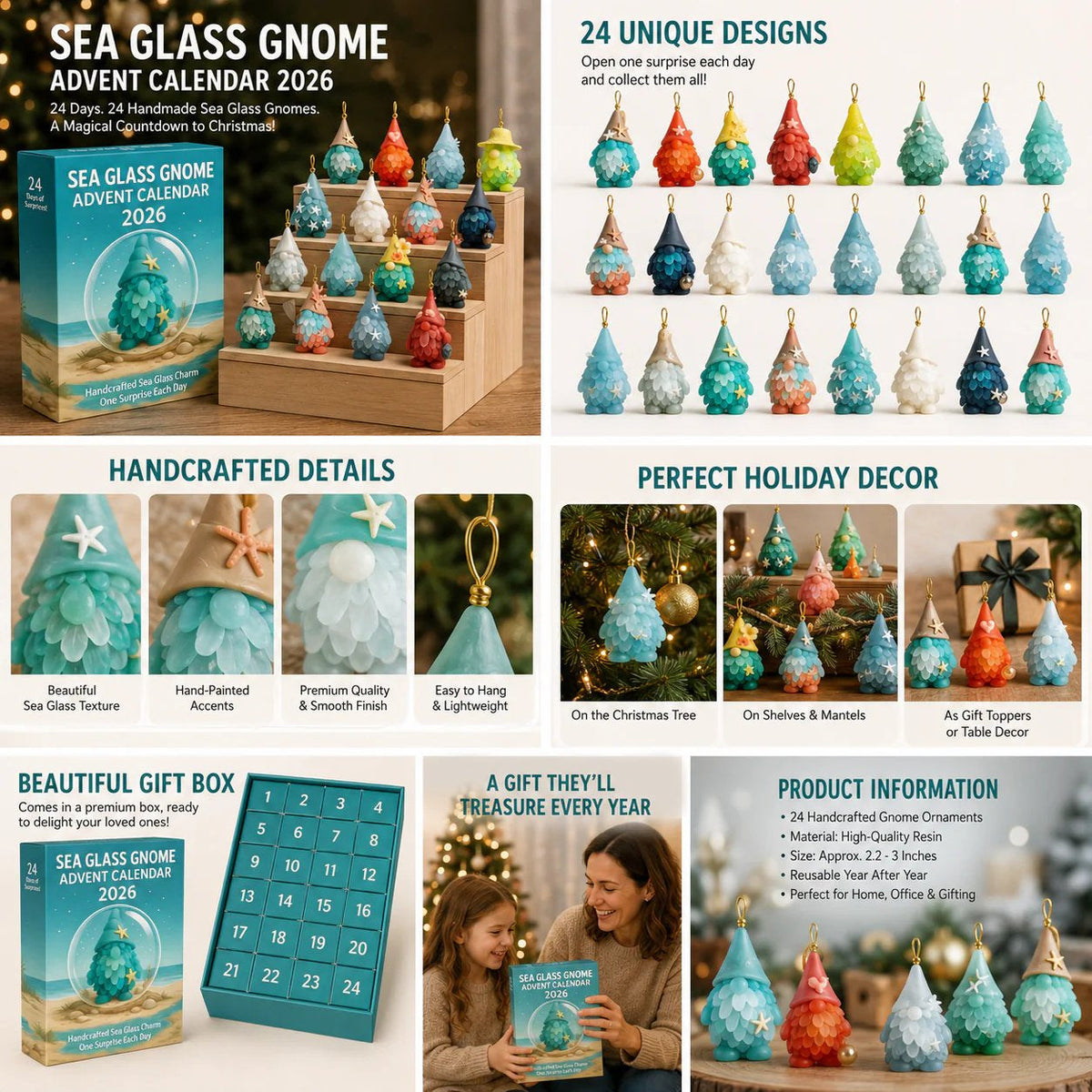 🌊🧝‍♂️ 2026 Coastal Gnome Advent Calendar – 24 Sea Glass Christmas Charms 🎄✨(2D Plane)