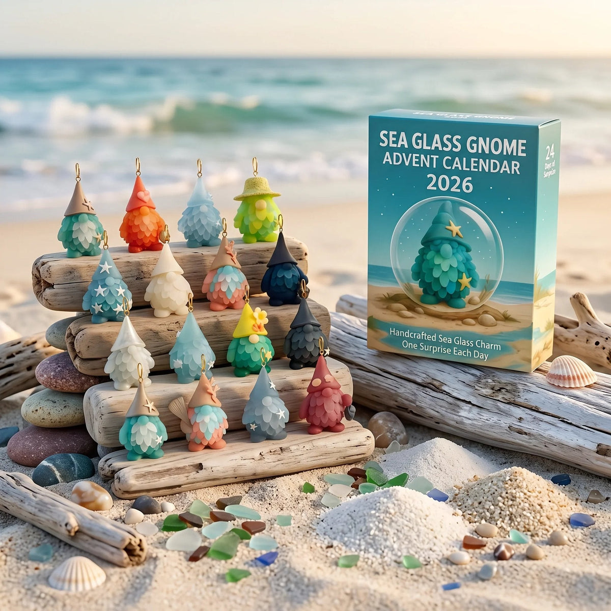 🌊🧝‍♂️ 2026 Coastal Gnome Advent Calendar – 24 Sea Glass Christmas Charms 🎄✨(2D Plane)
