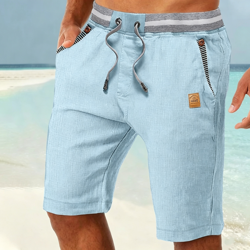 Men Striped Elastic Waist Drawstring Linen Blend Casual Beach Shorts With Stripe Pocket Trim