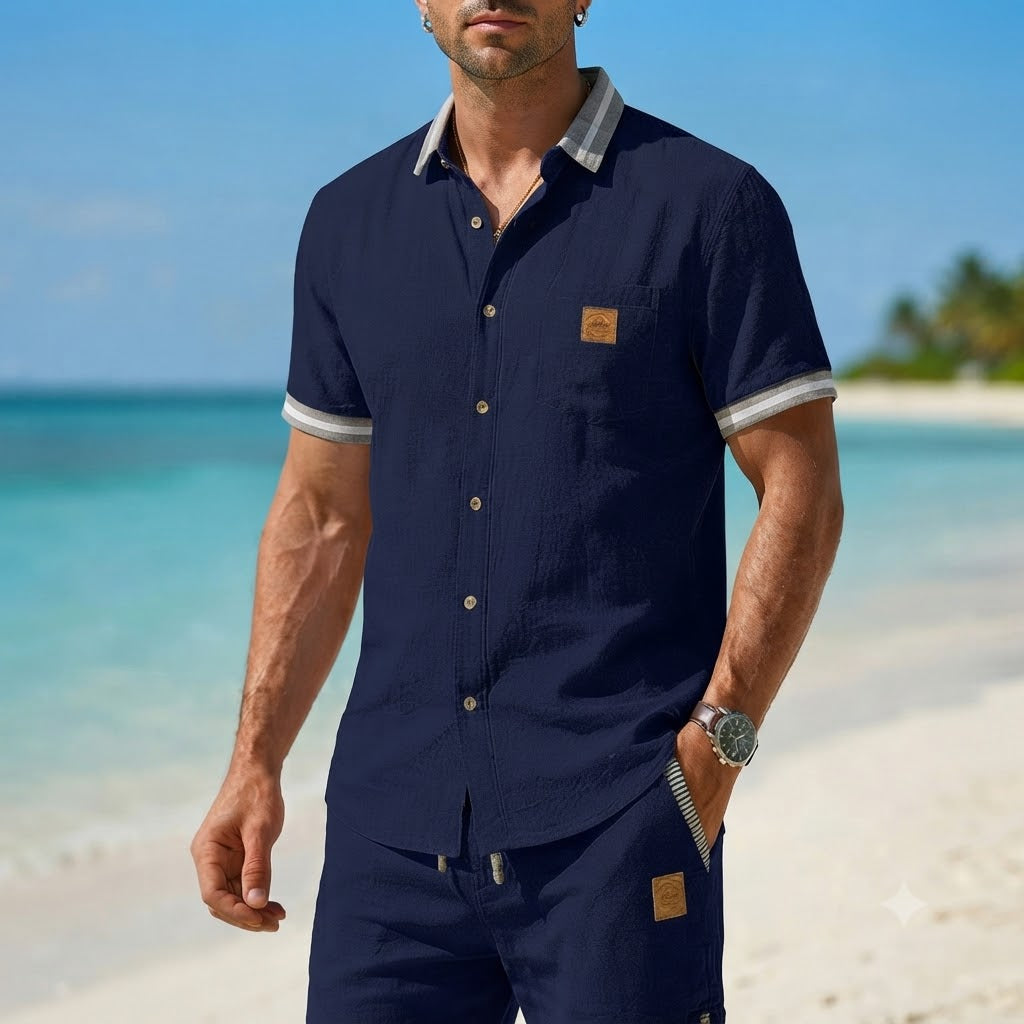 Men’s Lightweight Linen Blend Contrast Trim Short Sleeve Shirt