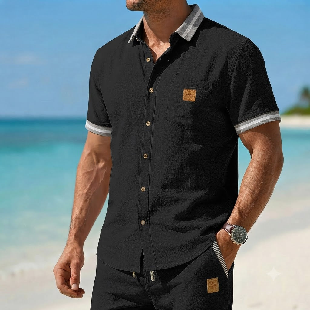 Men’s Lightweight Linen Blend Contrast Trim Short Sleeve Shirt